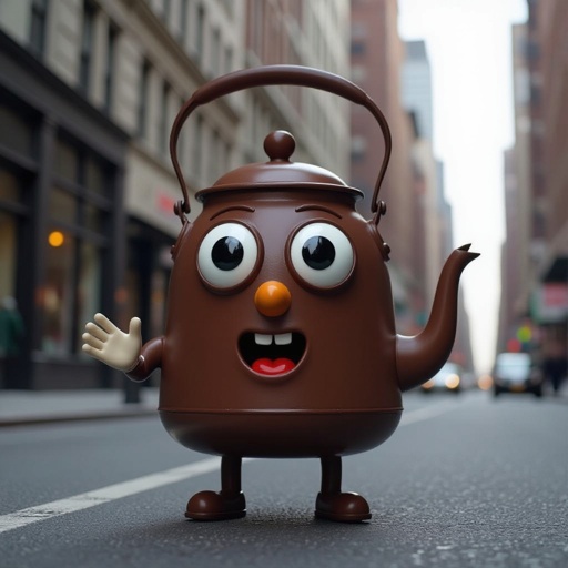 Brown kettle with 2 human leg 1 human hand 2 big eye 1 brown nose and mouth in city