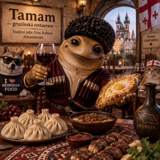Cartoon creature holds bread in a rustic restaurant with dumplings and Georgian food signs