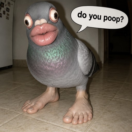 Surreal 3D pigeon with human-like lips and feet asking a question in a speech bubble