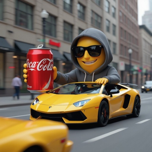 Make a can of coke a cola drive a Lamborghini in city and he has glasses on with a hoodie