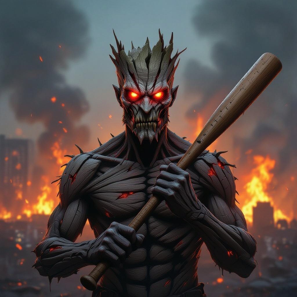 Wood man with baseball bat in city on fire