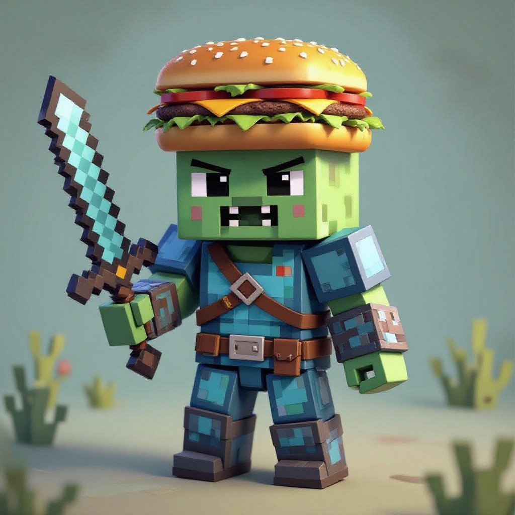 Um estive do Minecraft bebê com uma espada e um peitoral azul e com um hambúrguer quadrado na cabeça