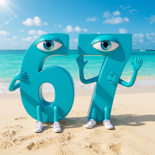 Cyan number 67 with 2 human eye ball 2 cyan arm 2 cyan leg wear white shoes in beach