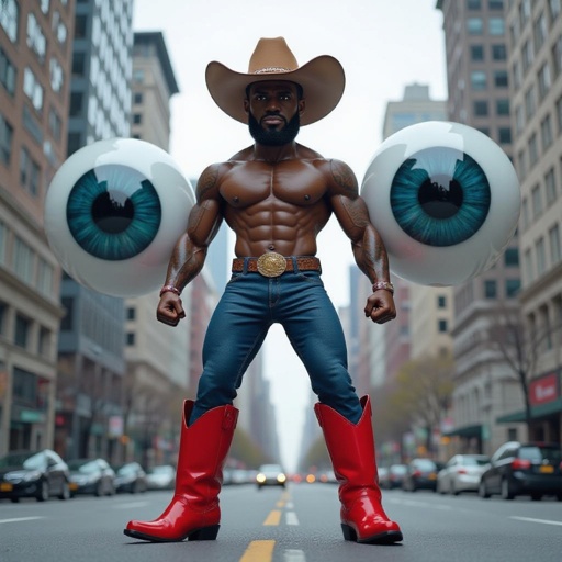 A LeBron James T-posing, giant eyeballs, wearing red boots, at a city, wearing a cowboy hat