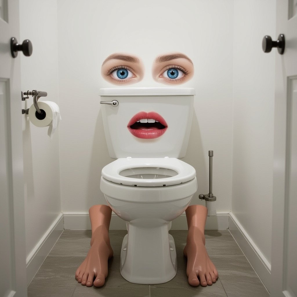 Toilet with 2 human eye and human mouth 2 human foot in white room