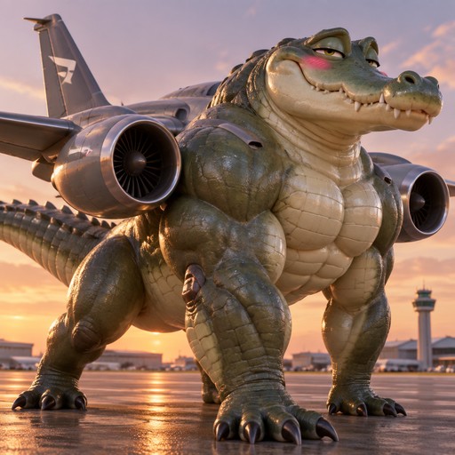 Cartoon alligator with jet engines standing at an airport during sunset
