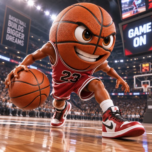 Cartoon basketball character dribbling on a brightly lit court during a game.
