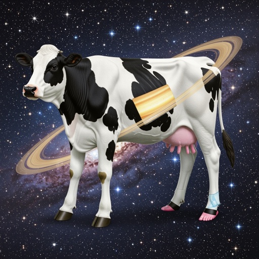 Cow Saturn body 2 cow leg 2 human foot in space