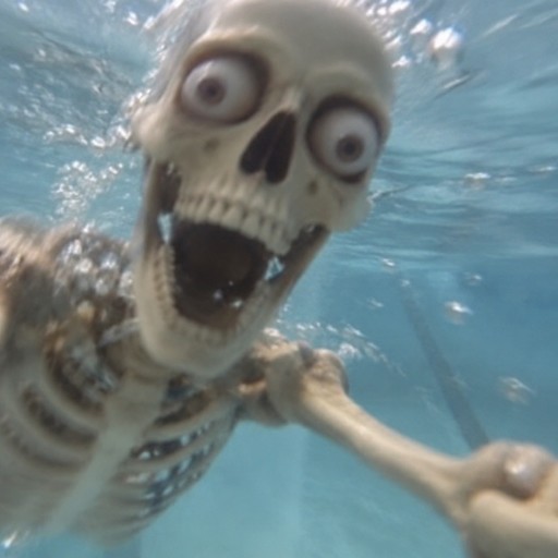Wide-eyed cartoon skeleton swimming underwater in blue water, distorted meme style