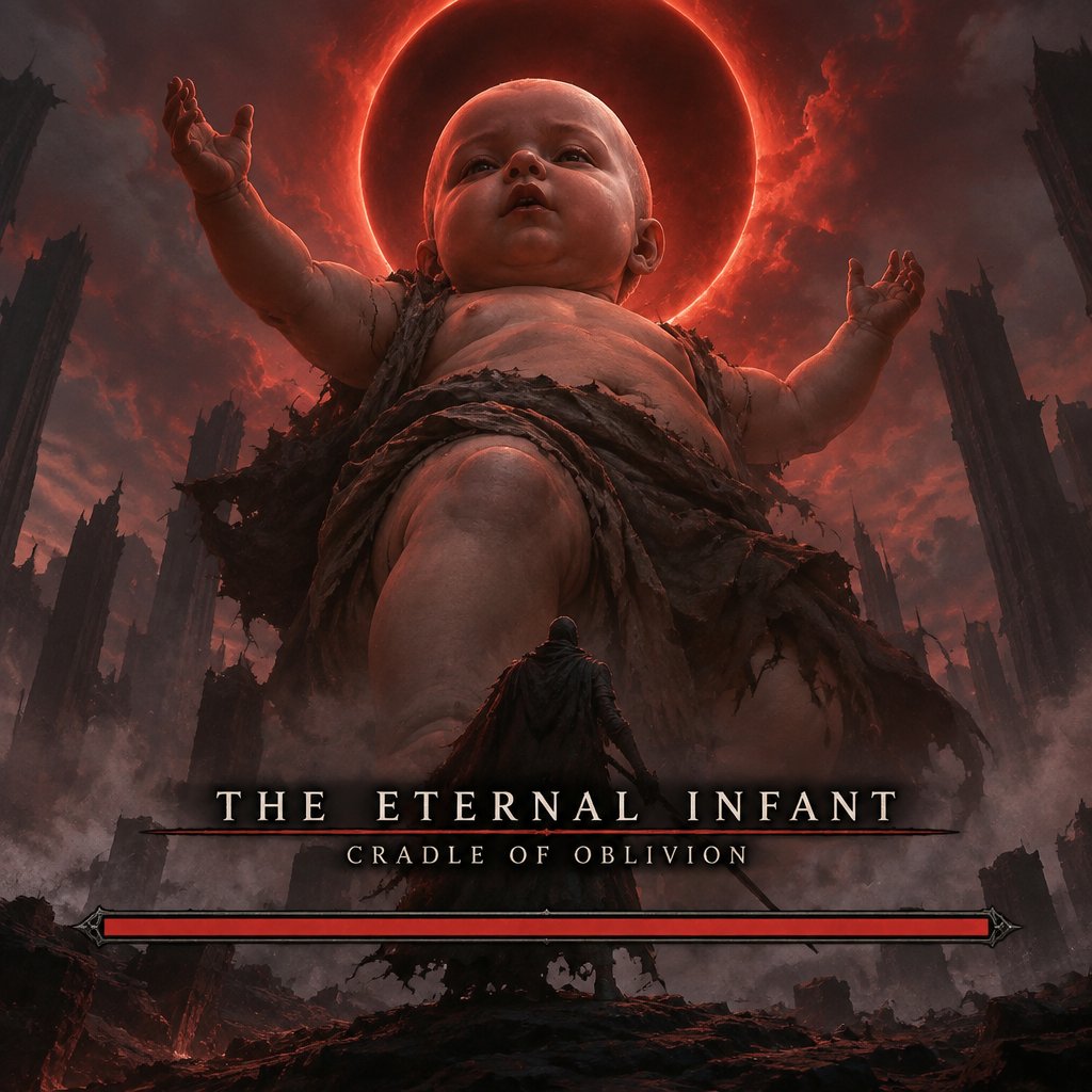 Glowing infant deity above a dark ruined city, dramatic red fantasy poster style