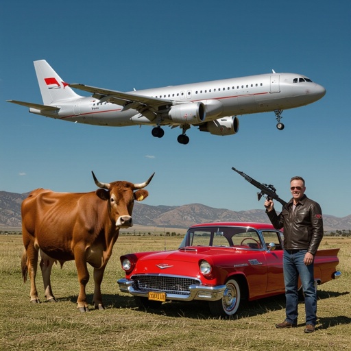 A cow and a man and a car and a jet and a gun