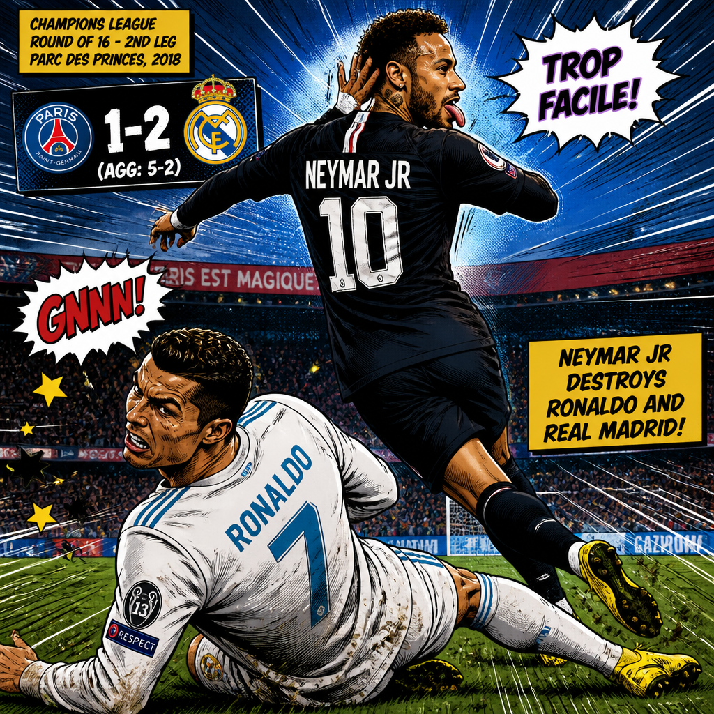 Ronaldo getting beat by Neymar jr in the 2018 champions league