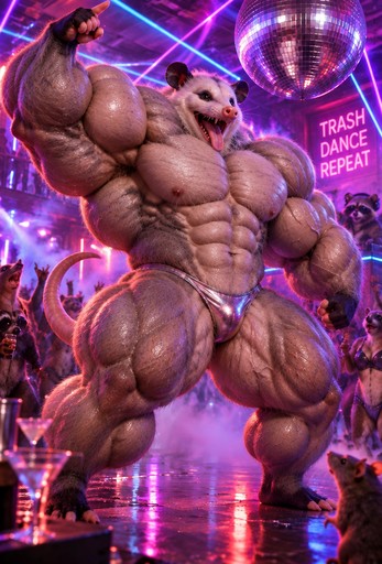 Muscular anthropomorphic creature posing in neon nightclub with disco ball and signs