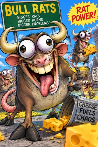 Cartoon horned rat with bulging eyes beside cheese and a colorful chaos-themed poster