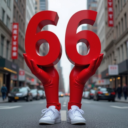 Red number 666 2 red arm 2 red leg 2 wear white shoes in city