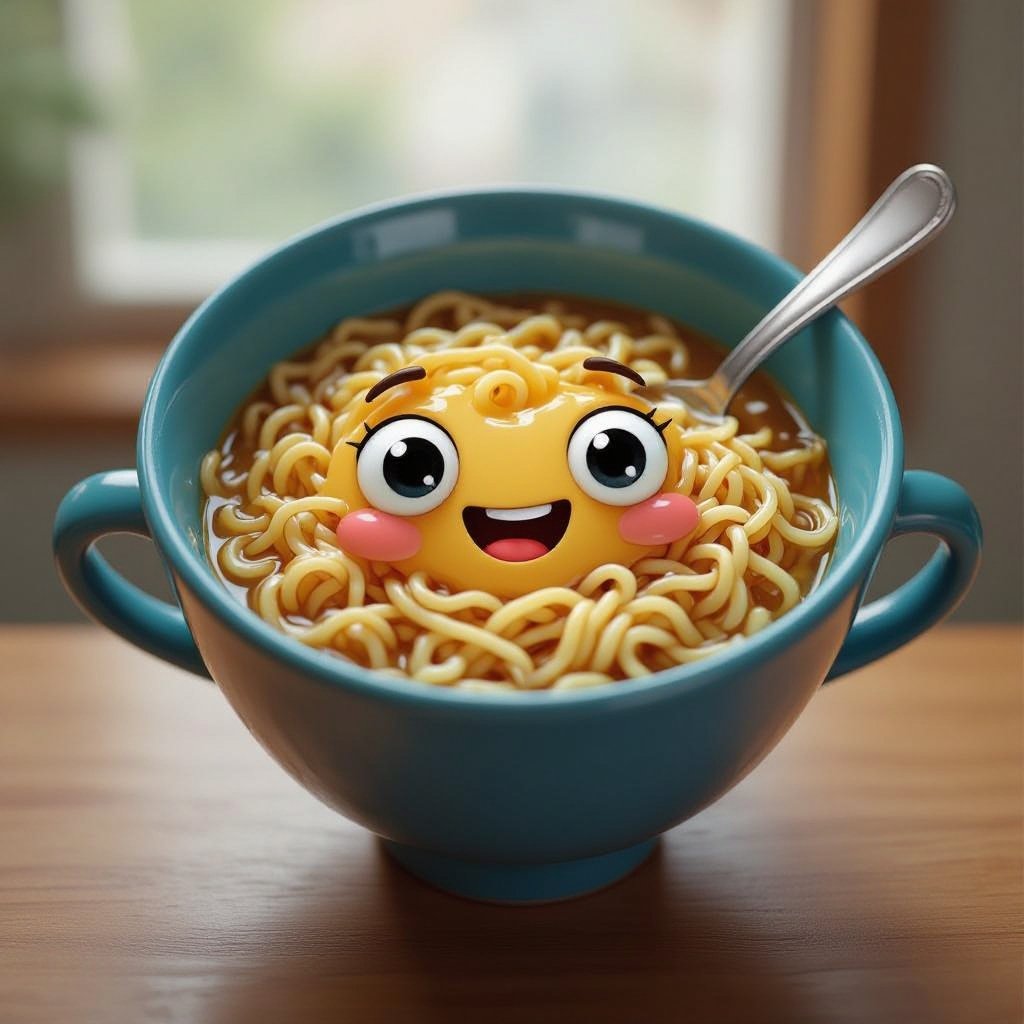 Crie um miojo com olhos e um sorriso e com uma colher na mão 
