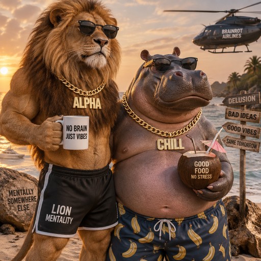 Two cartoon animals pose beside a helicopter and wooden signs in a warm sunset scene.
