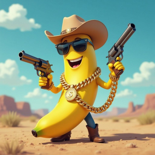 A alive banana with a gun and sunglasses, a cowboy hat and money chain in a backward hat