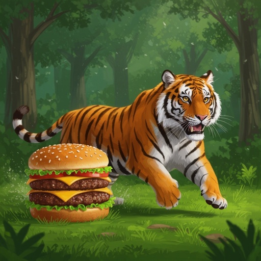 A tiger mixed with a hamburger running on a forest
