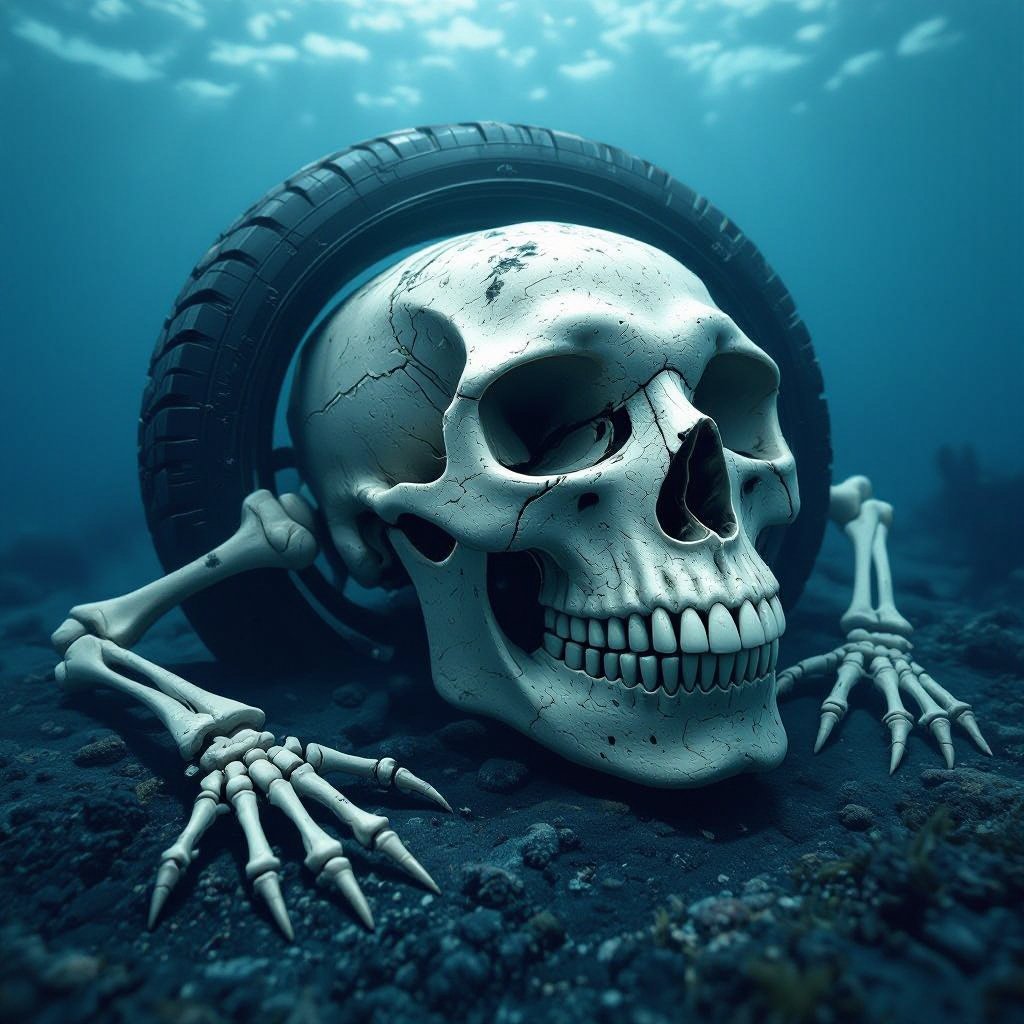 Frog skull with tire 2 skeleton leg in ocean