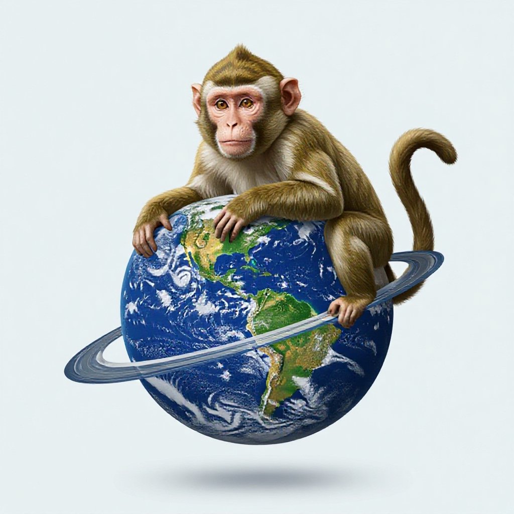 A monkey as an earth showing its whole body and in the space