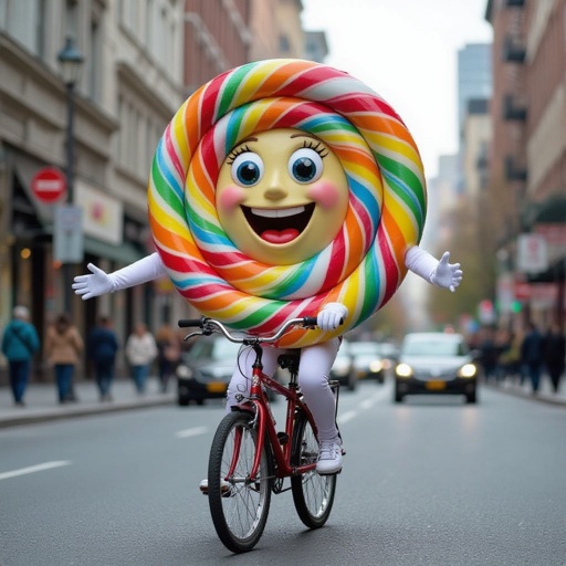 Lollipop with human face 2 white arm 2 white leg ride bicycle in city