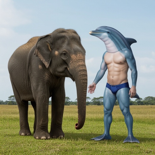 Human with elephant legs and dolphin face