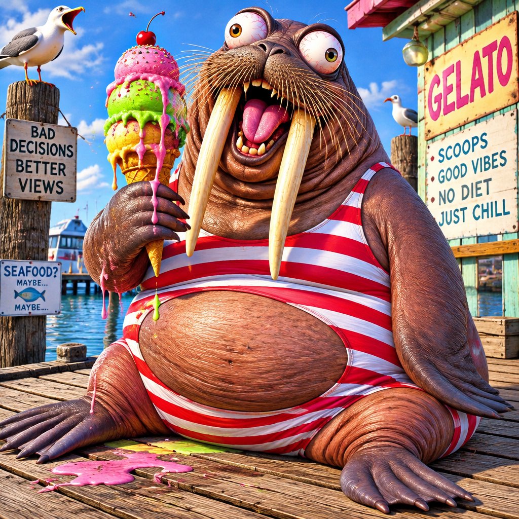 Cartoon walrus wearing a striped shirt, holding colorful gelato by a seaside shop