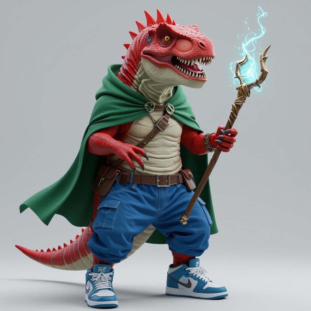 T-rex rosso fuso ad uno squalo blu con  scarpe Nike e un bastone magico mantello verde e pantaloni blu