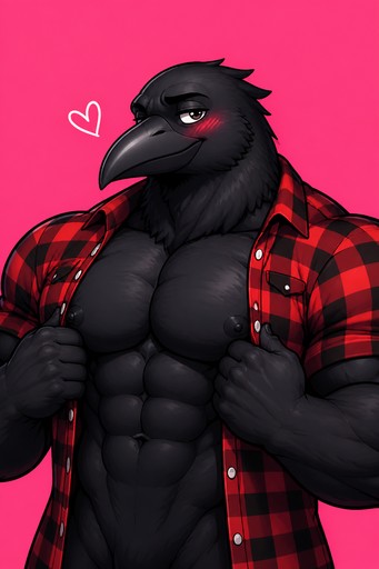 Anthropomorphic black bird wearing a red plaid shirt, flexing against a pink background.