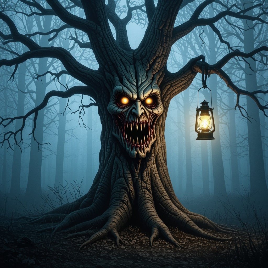 Un albero con la faccia terrificante con in mano una lanterna