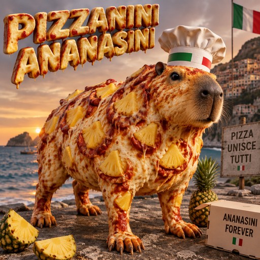 Surreal capybara covered in pizza toppings beside pineapple, with bold Italian text and sunset scenery