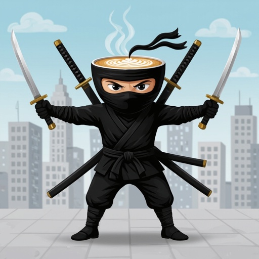 Cappuccino with human face 2 black arm 2 black leg with wear ninja clothes with 2 sword in city