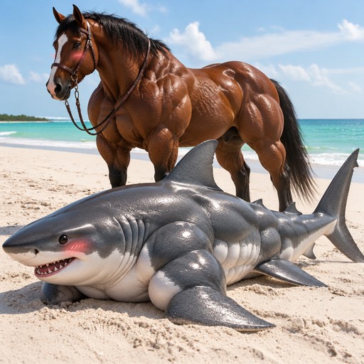 Surreal 3D-style beach scene featuring a horse and a shark on sand