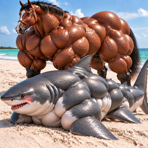 Surreal 3D beach scene featuring a muscular horse and shark hybrid.
