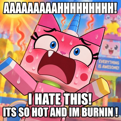 Pink cartoon cat shouting in a fiery, colorful meme illustration.