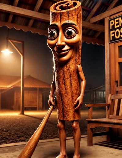 Cartoon wooden log character holding a bat in a warmly lit shed