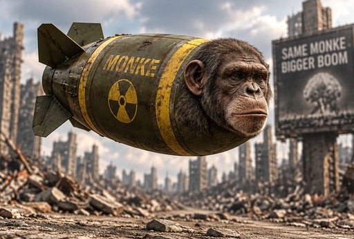 Cartoon monkey head attached to a yellow and black missile above a city skyline