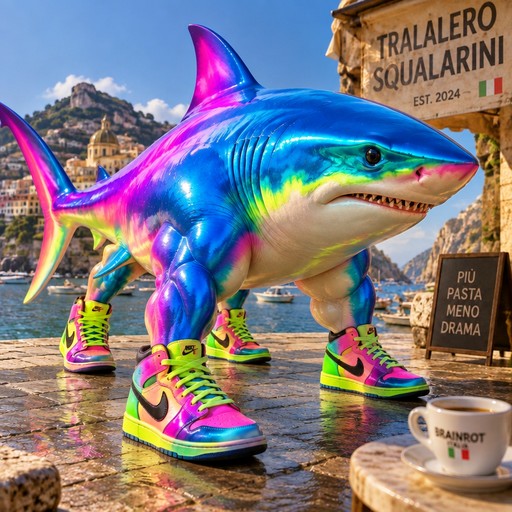 Colorful cartoon shark wearing neon sneakers in a sunny European plaza.