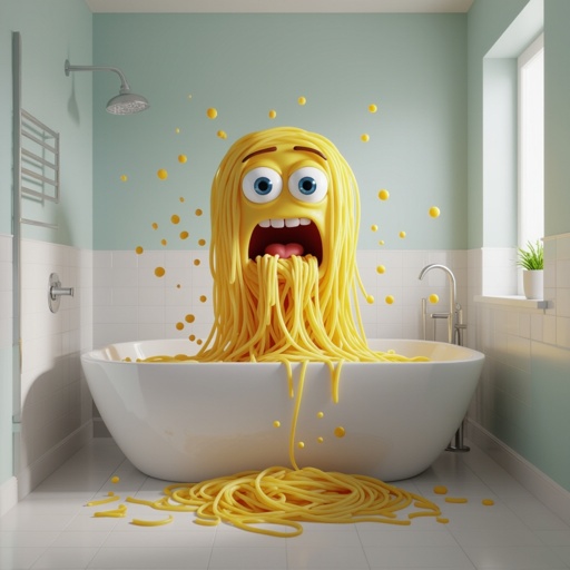 Un baño con espagueti, saliendo con ojos y con cara y con espagueti, saliendo y vomitando