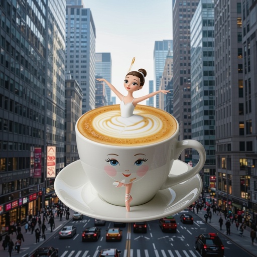 Ballerina with cappuccino head with ballerina face in city