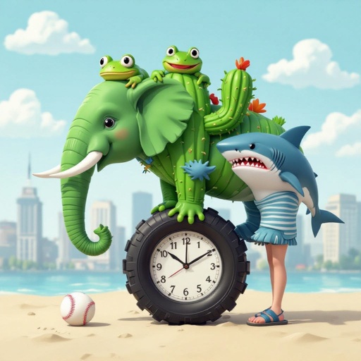 Elephant with cactus body with tire with frog head and shark head with human head 1 human arm with baseball 1 shark leg and human leg wear blue shoes and sandals with clock in city