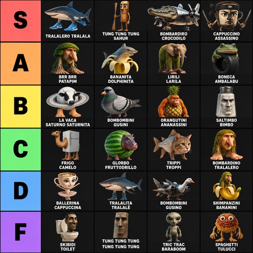 Colorful meme tier list ranking cartoon sea creatures, characters, and objects from S to F.