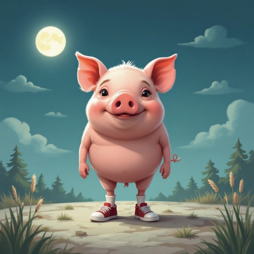 A moon with a pig head and legs with shoes