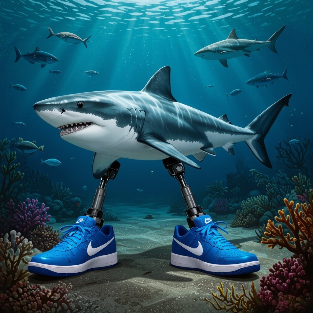 Uno squalo, uno squalo con tre gambe con delle Nike azzurre nei piedi
