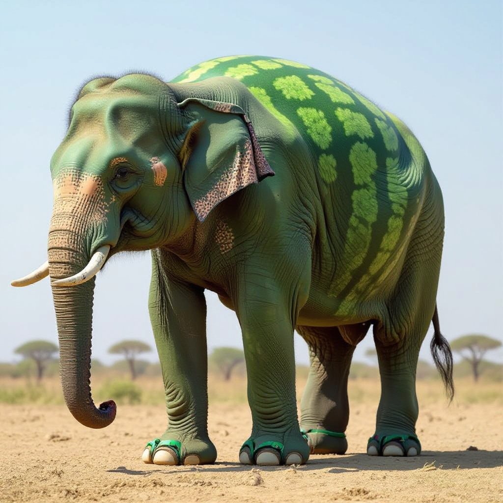 Elephant body watermelon 4 legs 4 human sandals