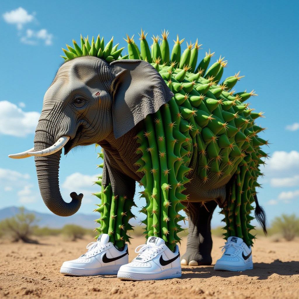 A elephant in a cactus body wearing Nike shoes 