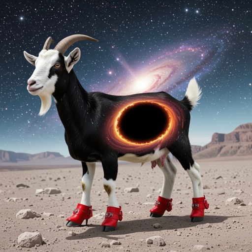 Goat with black hole body 2 goat leg with wear red shoes in space