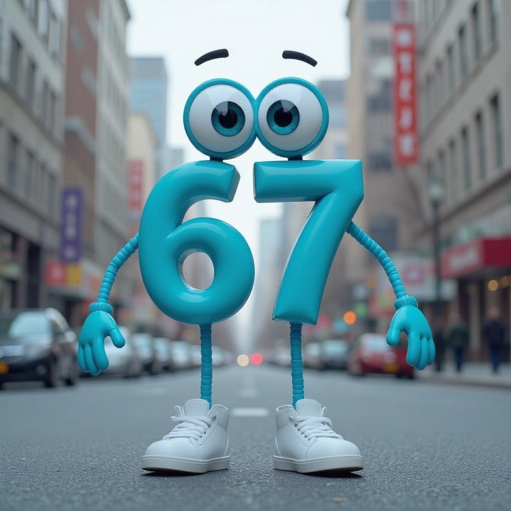 Cyan numbers 67 with 2  eye 2 cyan leg 2 cyan arm wear 2 white shoes in city