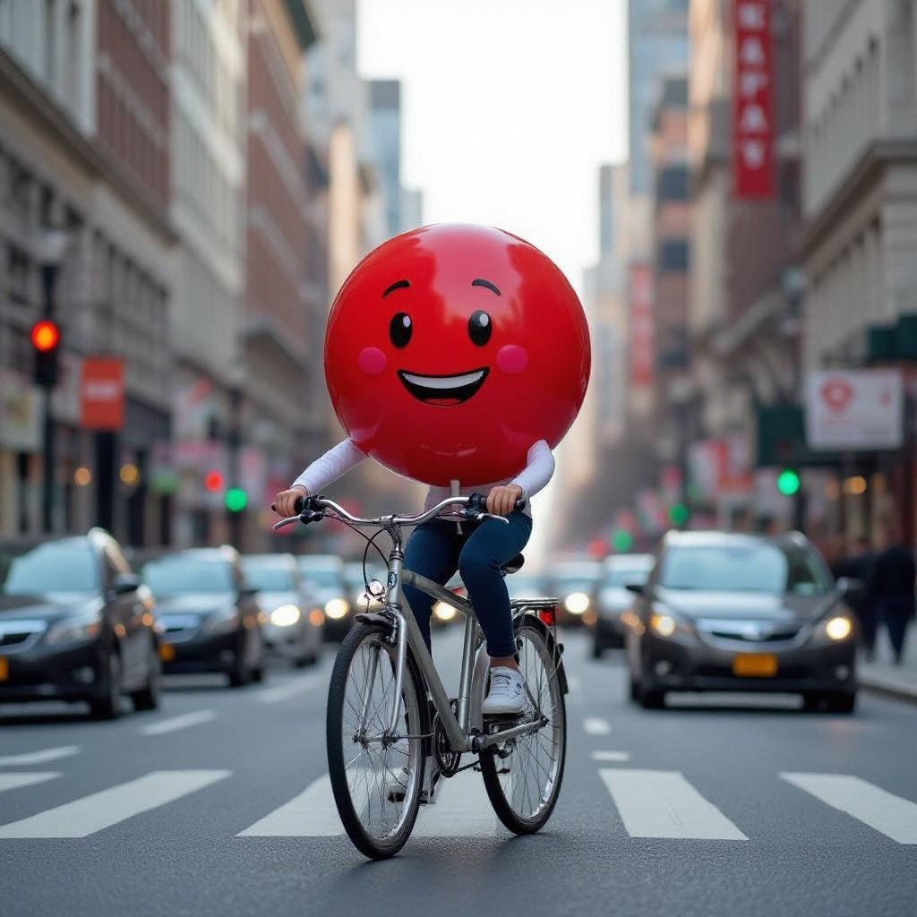 Lollipop with human face 2 white arm 2 white leg ride bicycle in city